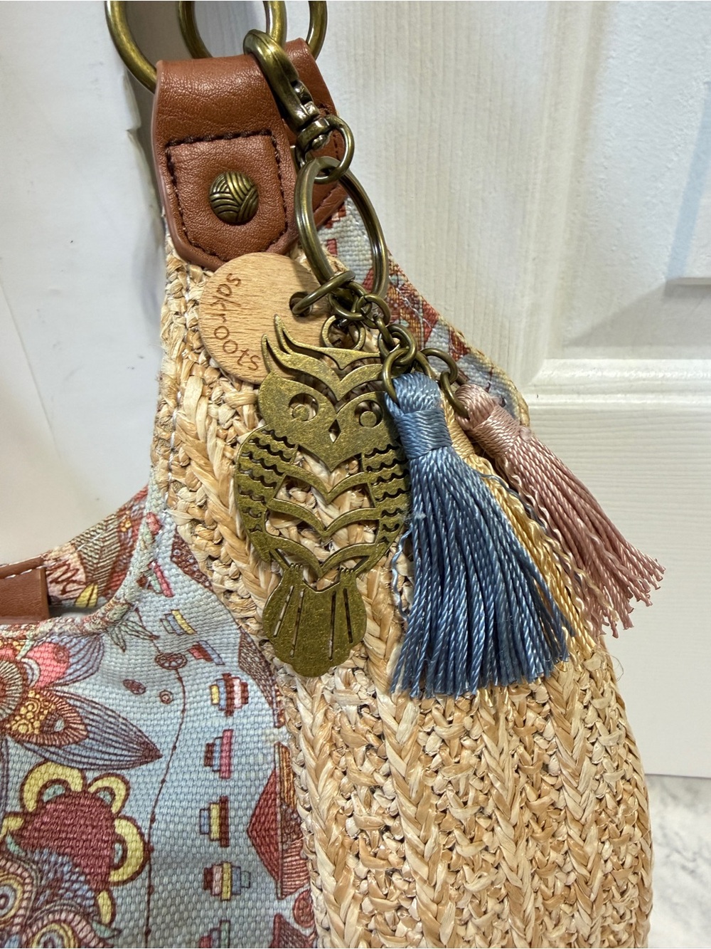 Sakroors Roma Owl straw tote bag and matching wallet phone crossbody set - Picture 4 of 10